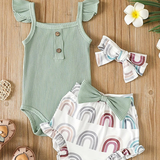 Children's green striped romper with rainbow shorts and headband