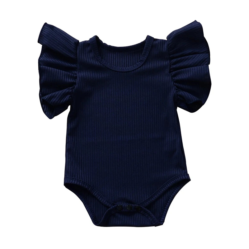 Navy blue baby romper with ruffled sleeves