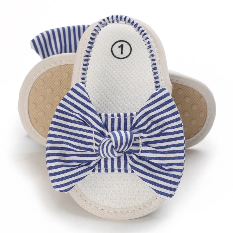 Blue and white striped summer sandals for baby girls