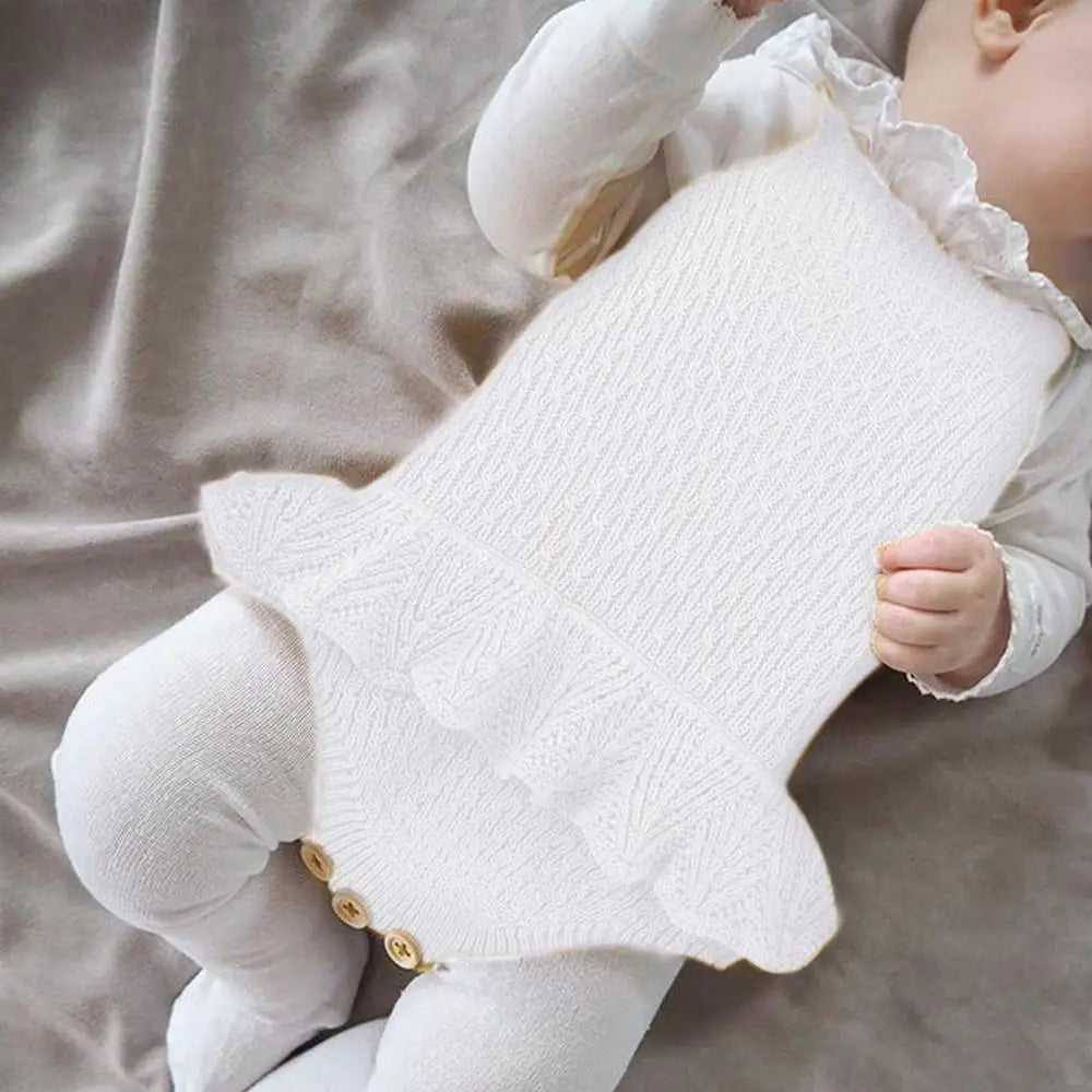 Baby wearing a white knitted outfit