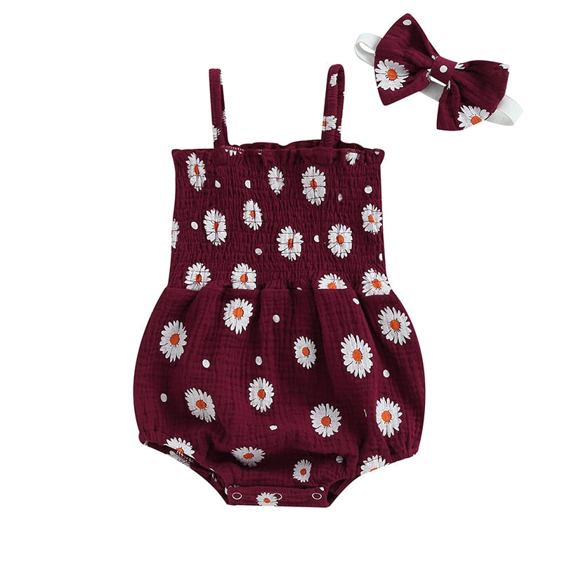 Rich red daisy print baby girl romper