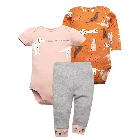 Cute dog print 3 piece baby girl clothing set