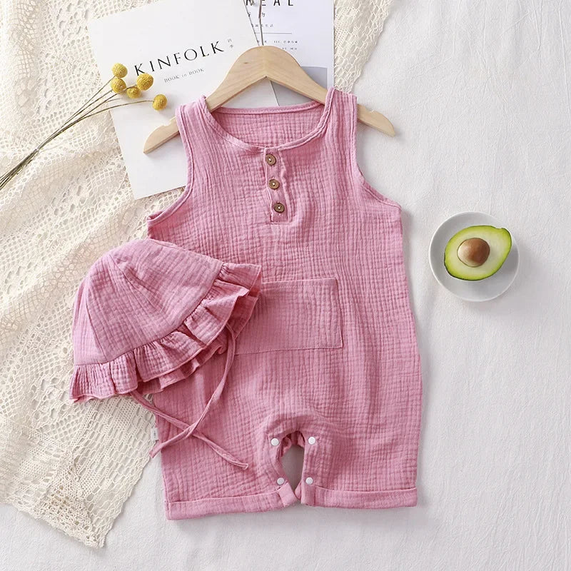 Baby romper with a small cute pocket on the front, and a matching hat