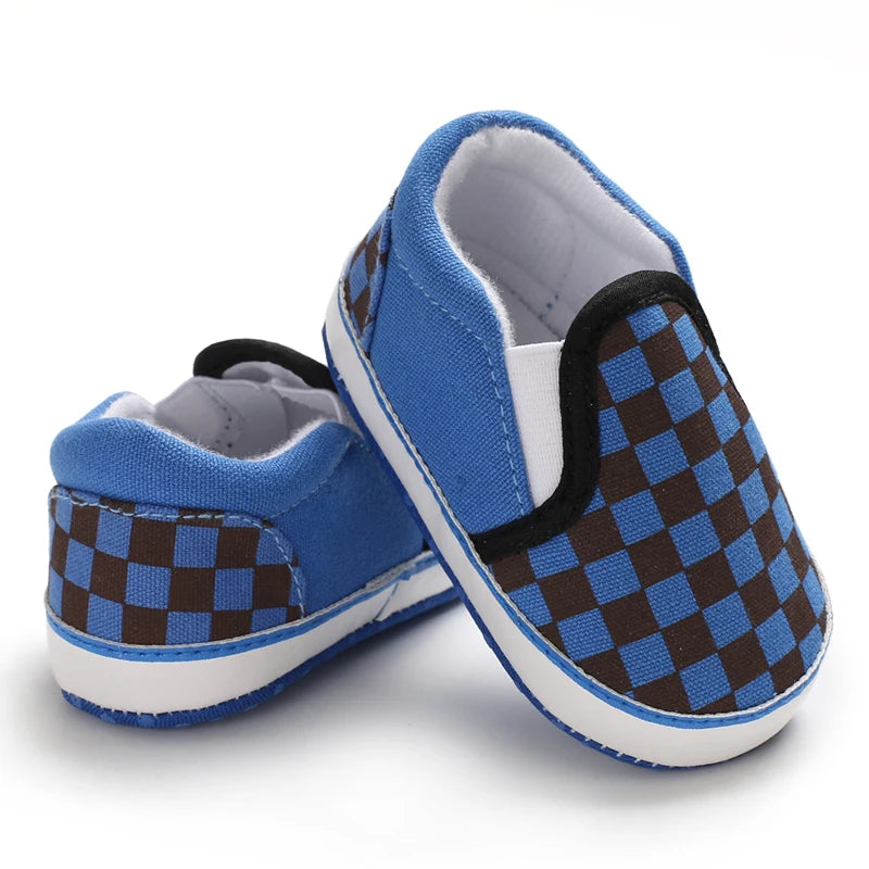 Blue and black square pattern canvas slip on baby boy shoes
