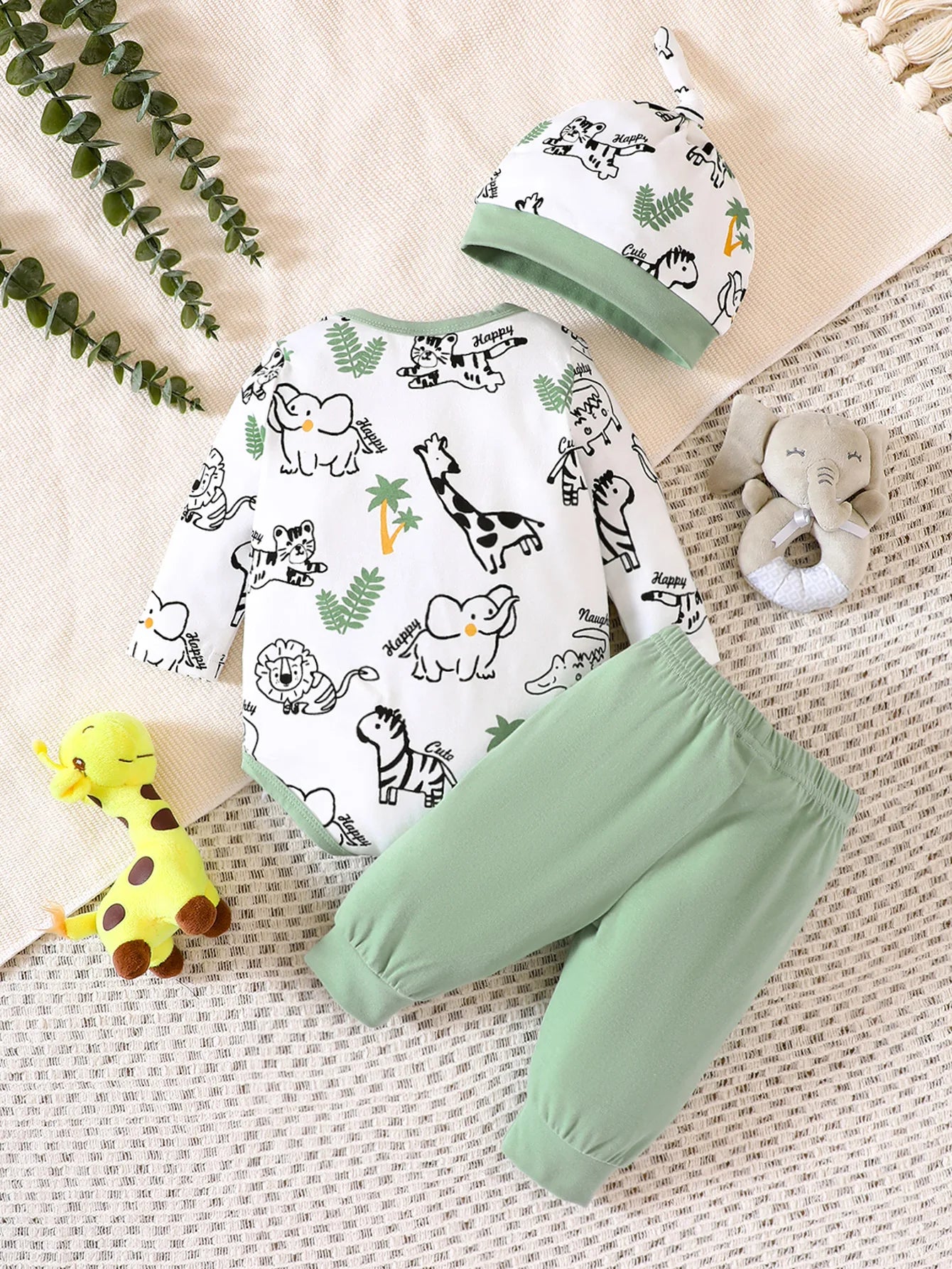 Cute animal print long sleeved romper suit with matching hat