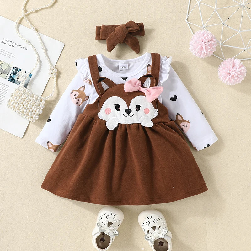 Baby dress with animal design, white shirt with animal prints, headband
