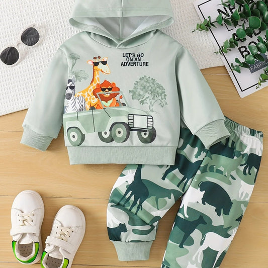 Children's outfit with hoodie and pants featuring animal prints