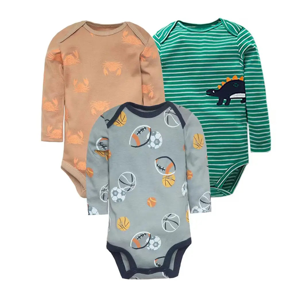Long sleeved pack of 3 baby boy romper suits