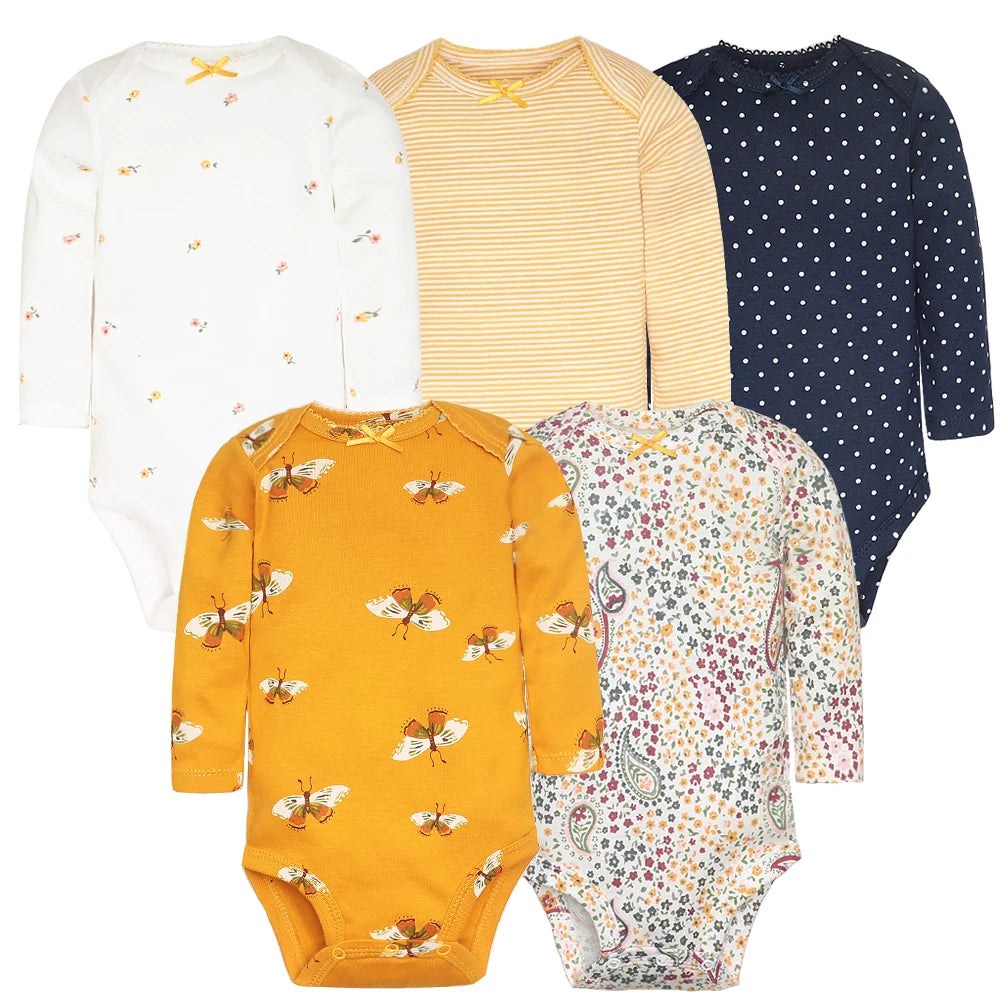 5 summer coloured baby girl romper suits