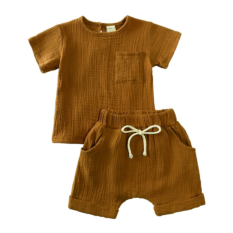 Tan brown colored shorts and t-shirts