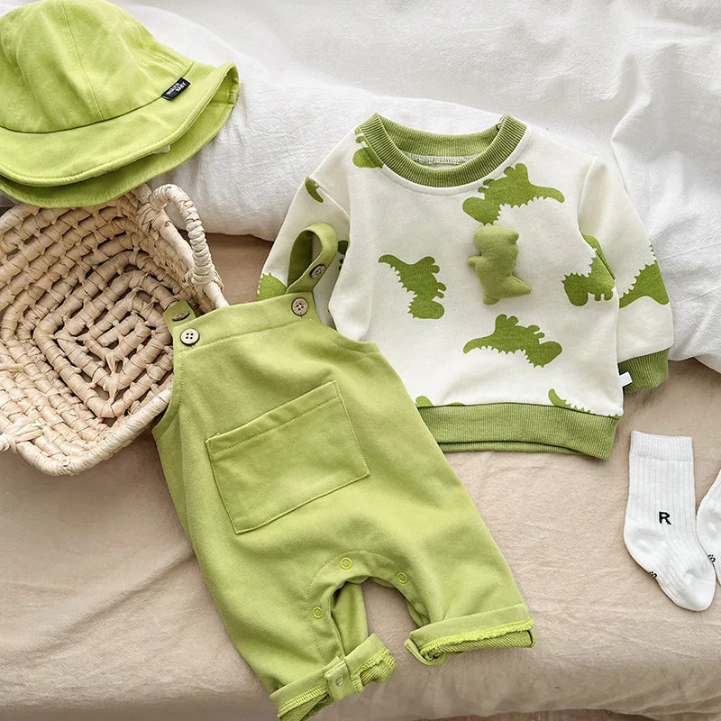 Warm and cute 2-piece baby boy dinosaur print jumper and super cute green dungaree's