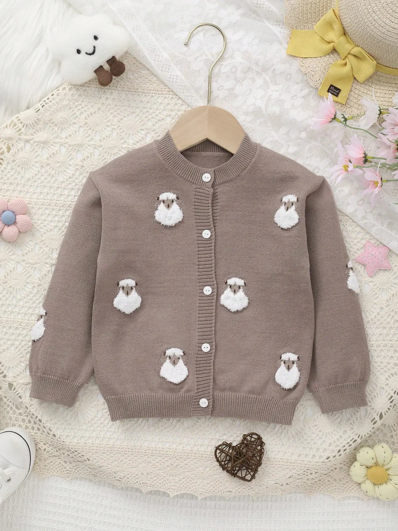 Children's brown cardigan with sheep appliqués