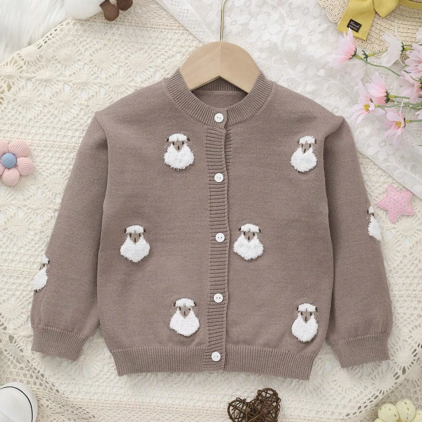 Children's brown cardigan with sheep appliqués