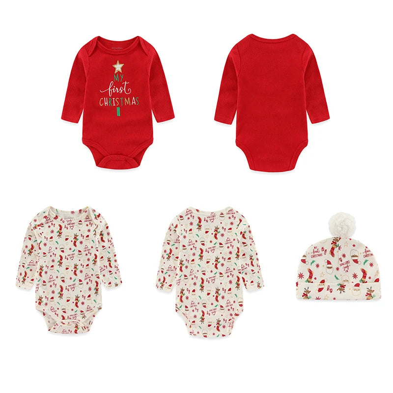 Collection of Christmas-themed baby clothing including red onesies and a floral-patterned hat