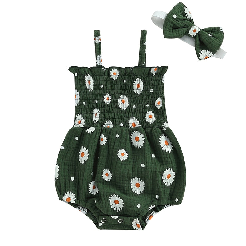 Dark green romper with daisy flower print