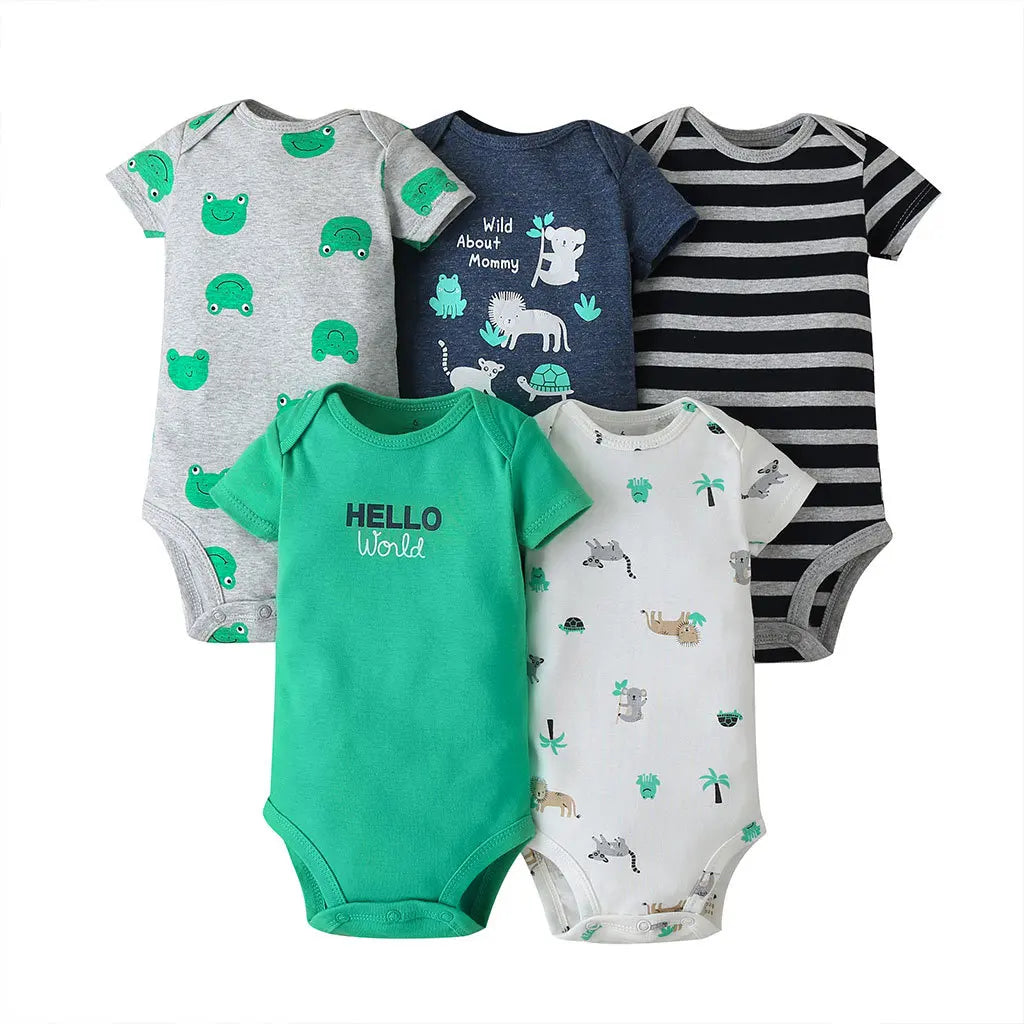Green, grey and blue 5 piece baby boy romper suits