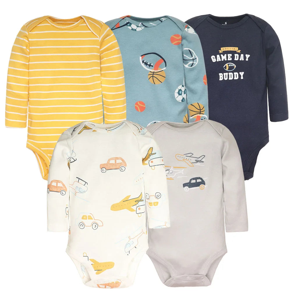 Great range of different coloured 5 long sleeved baby boys romper suits