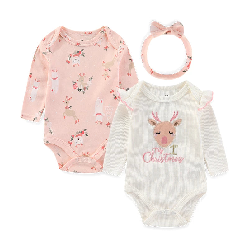 Two baby bodysuits with deer print and matching headband