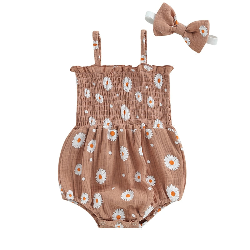Caramel color daisy print baby girl romper suit