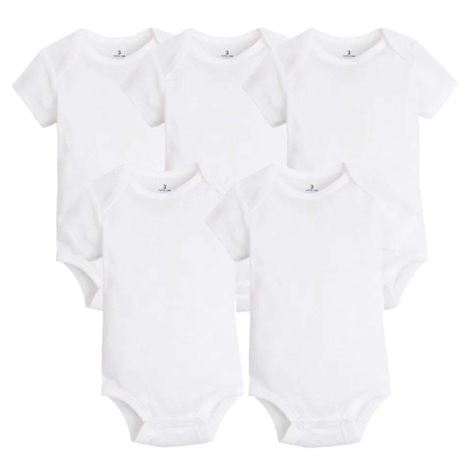 5 white unisex baby romper suits
