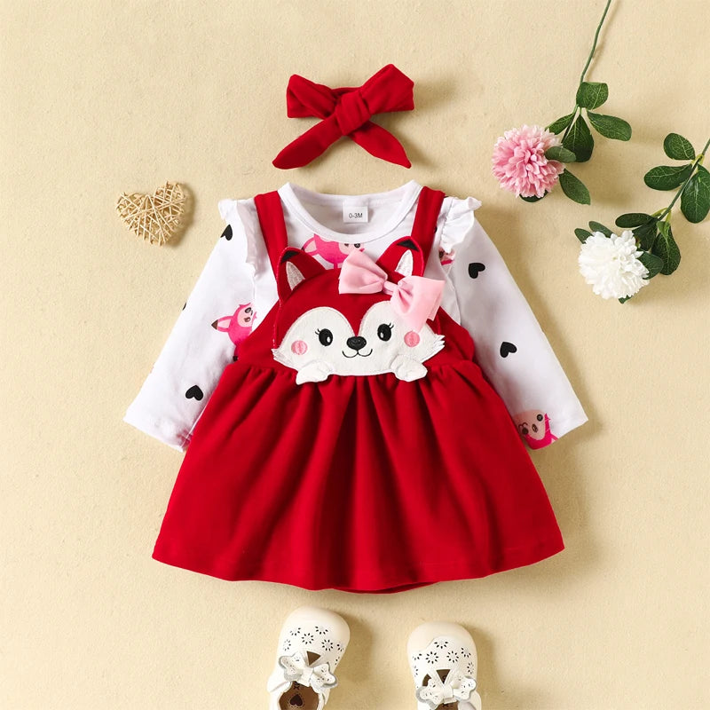 Children's outfit with red dress, white shirt, and headband