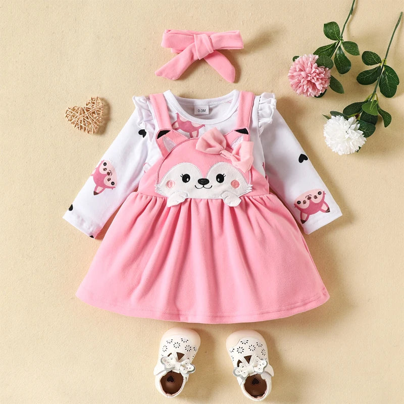 Baby outfit set with pink dress, white shirt, headband
