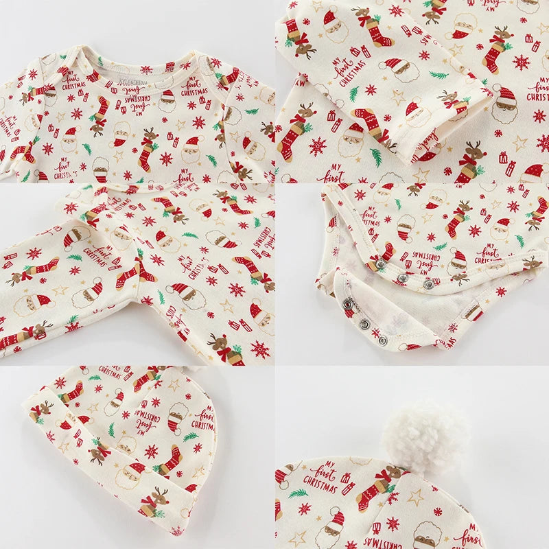 Christmas-themed baby clothing set with hats and bibs