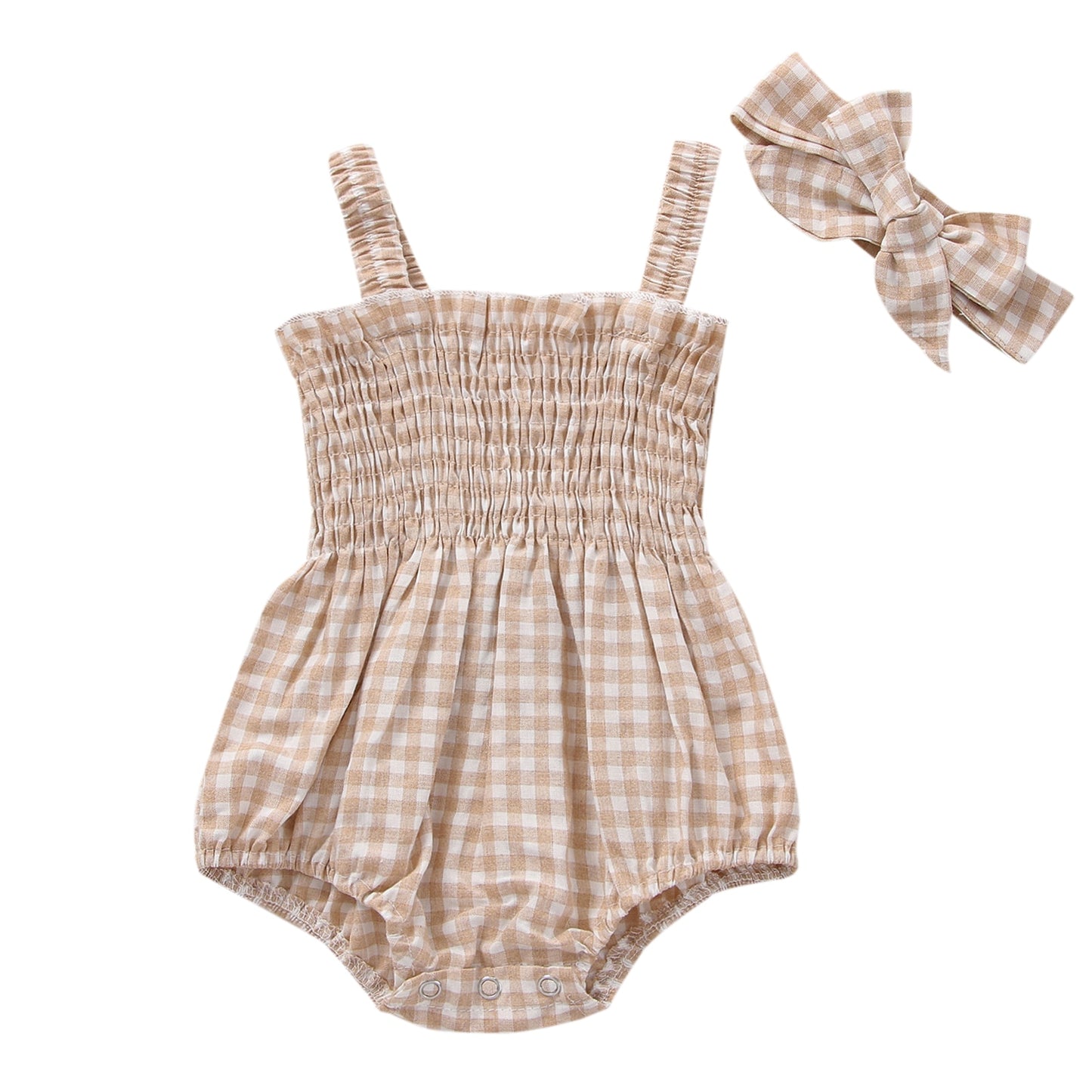 Gorgous, gingham pattern baby girl romper with matching headband