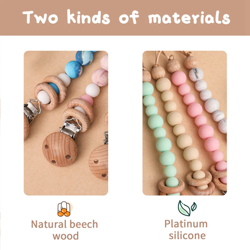 All wood used on the pacifiers are made from natural wood with platinum silicone beads