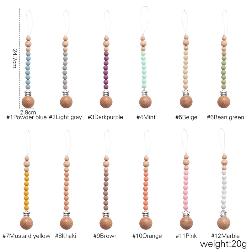 Another great range of silicone and wood beads pacifier with clip