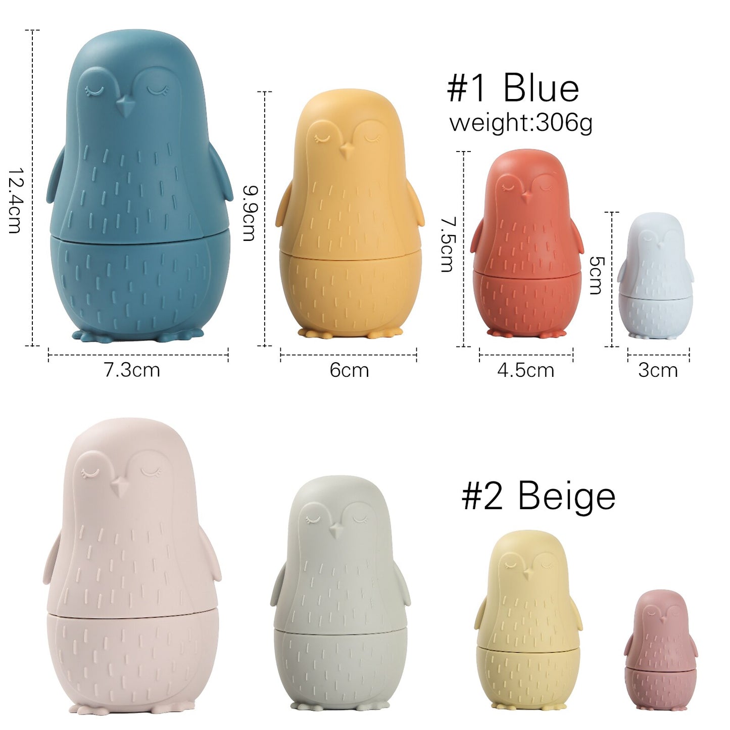 Both sets of the penguin nesting toys are the same size and weight