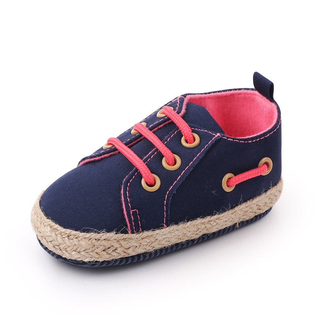 Dark blue with pink shoe laces baby boy / girl and toddler booty shoes