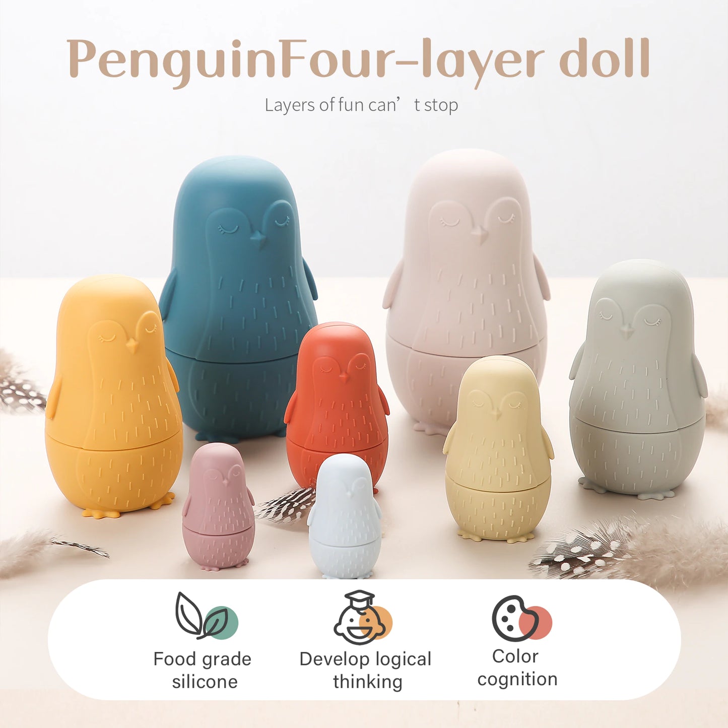 The four layer penguin doll, is made from food grade silicone, develops color cognition, and develops logical thinking for toddlers