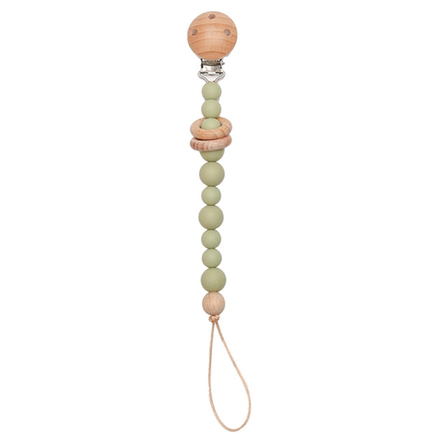 Soft coloured green beaded silicone pacifier chain with wooden clip