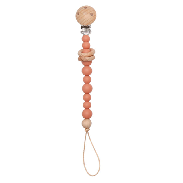 Soft coloured rustic red  beaded silicone pacifier chain with wooden clip