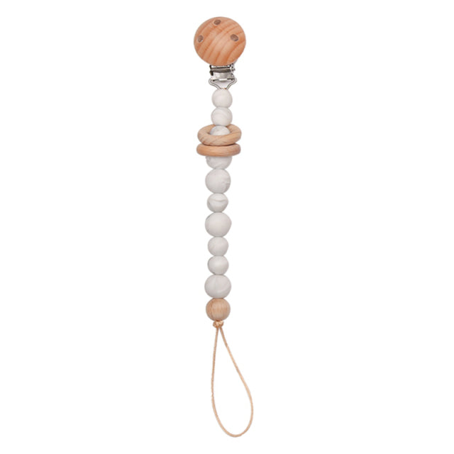 Soft coloured grey beads and wood rings silicone pacifier chain with wooden clip