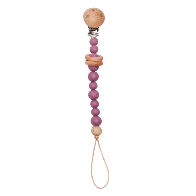 Soft coloured purple beaded silicone pacifier chain with wooden clip