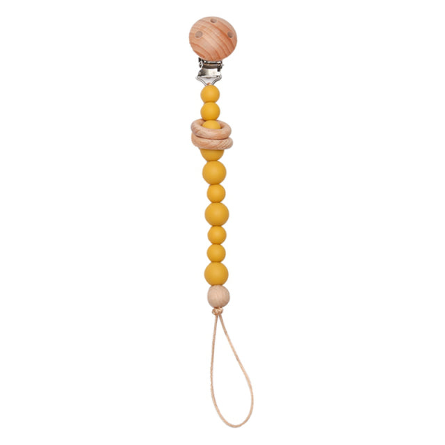 Soft coloured mustard beaded silicone pacifier chain with wooden clip
