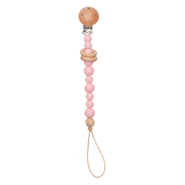 Soft coloured pink beaded silicone pacifier chain with wooden clip