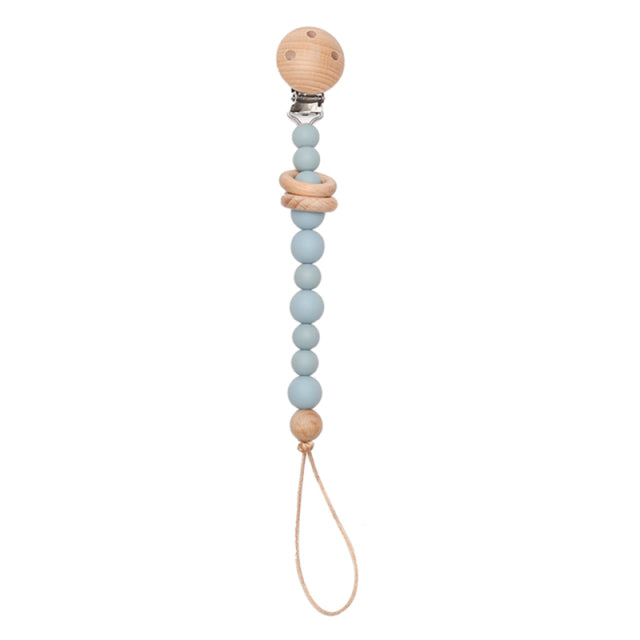 Soft coloured blue beads with wooden rings silicone pacifier chain with wooden clip