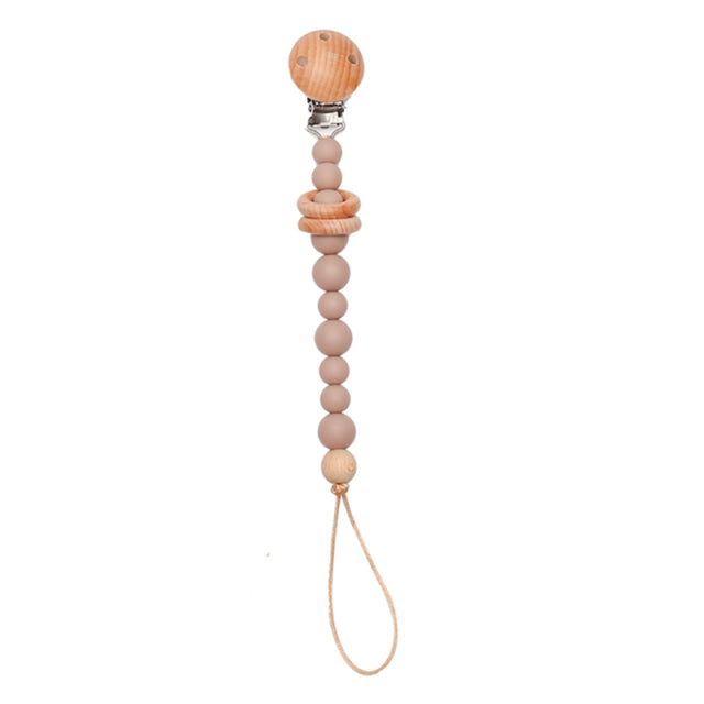 Soft coloured light brown beads with wooden rings silicone pacifier chain with wooden clip