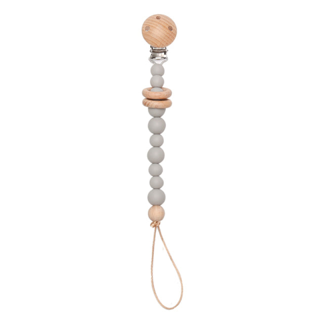 Soft coloured grey beaded silicone pacifier chain with wooden clip
