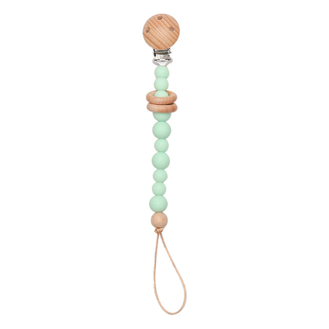Soft coloured mint green beads and wood rings silicone pacifier chain with wooden clip