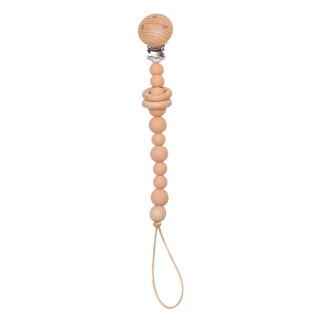 Wood  bead and ringed silicone pacifier chain with wooden clip