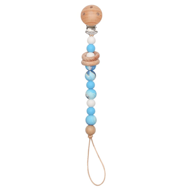 Soft coloured blue marbled beaded silicone pacifier chain with wooden clip