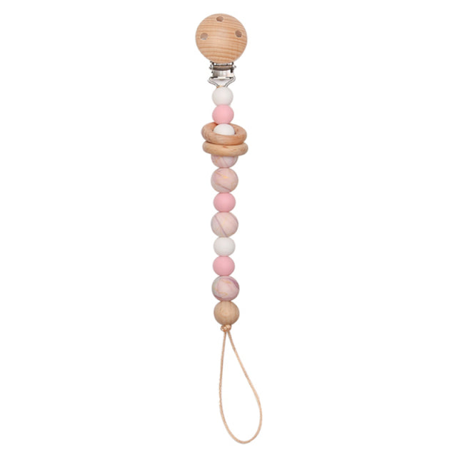 Soft coloured white, pink and wood beaded silicone pacifier chain with wooden clip