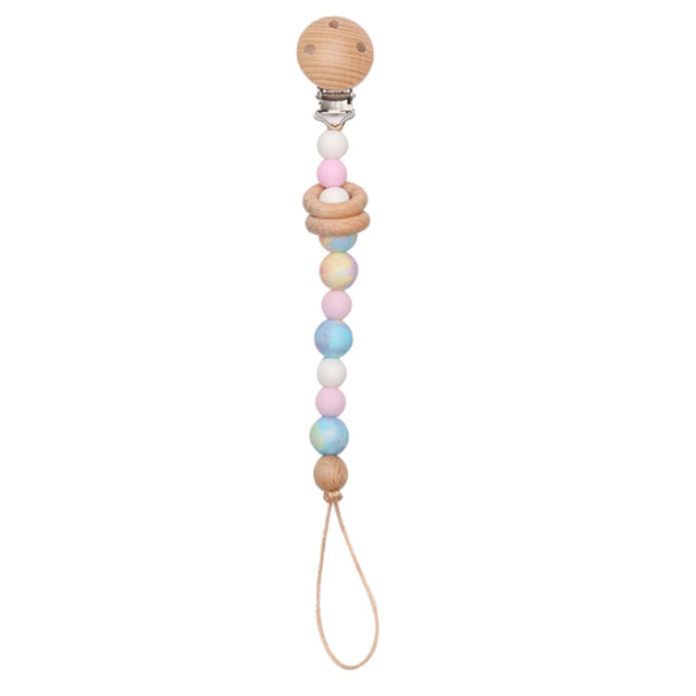 Soft coloured pink, blue and white beaded silicone pacifier chain with wooden clip