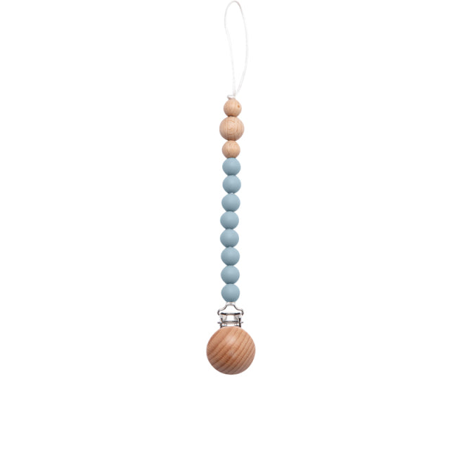 Soft coloured light blue beaded silicone pacifier chain with wooden clip