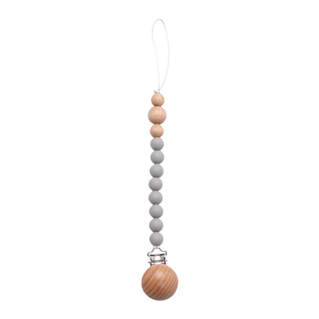 Soft coloured grey and wood beaded silicone pacifier chain with wooden clip