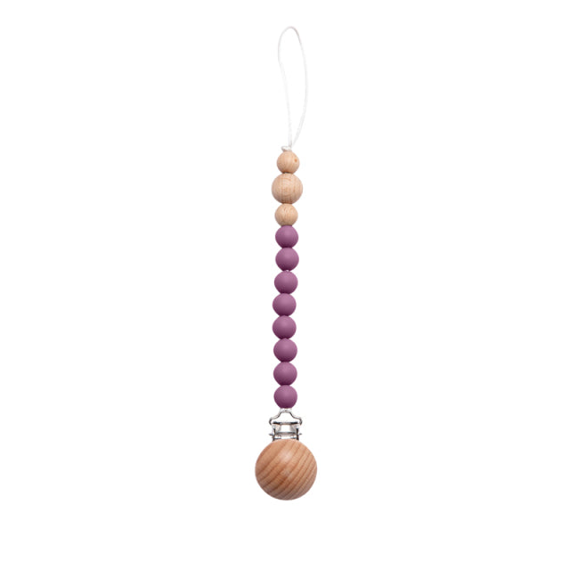 Soft coloured purple and wood beaded silicone pacifier chain with wooden clip